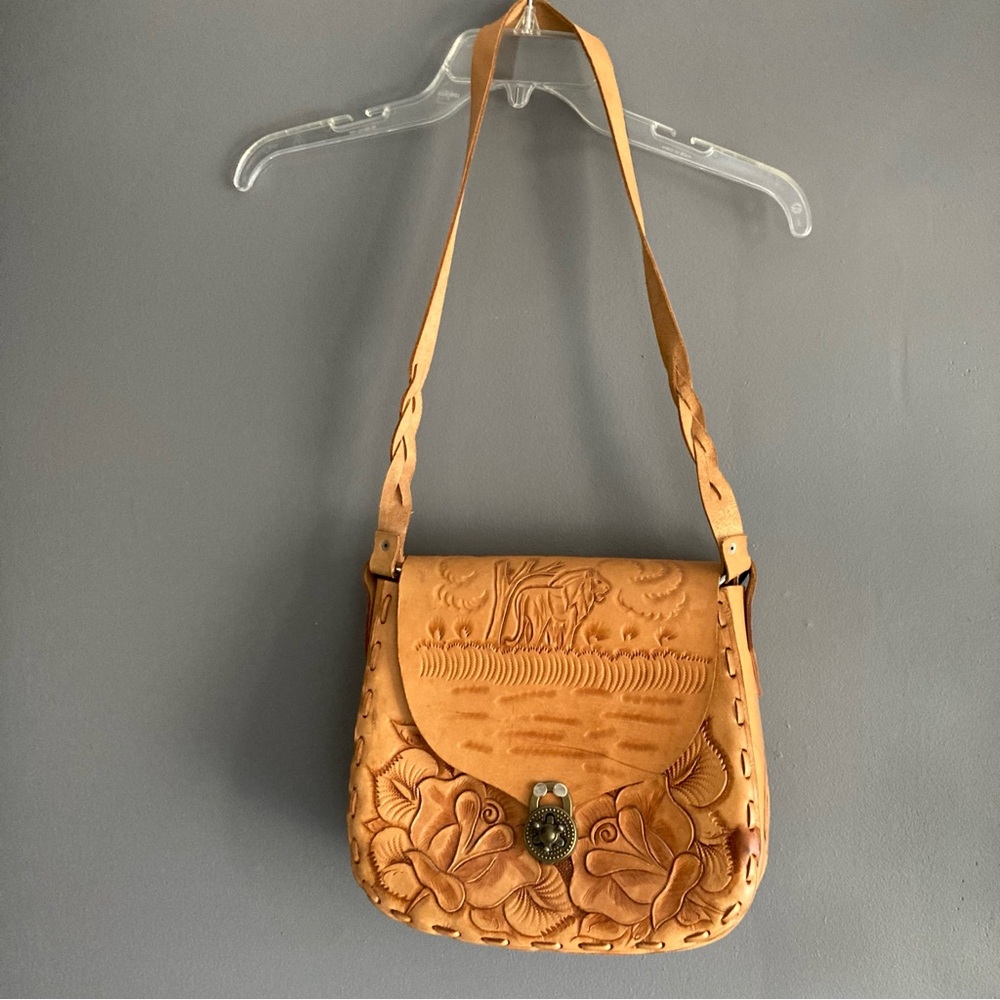 Tooled Leather Unique Lion & Floral Pattern Bag